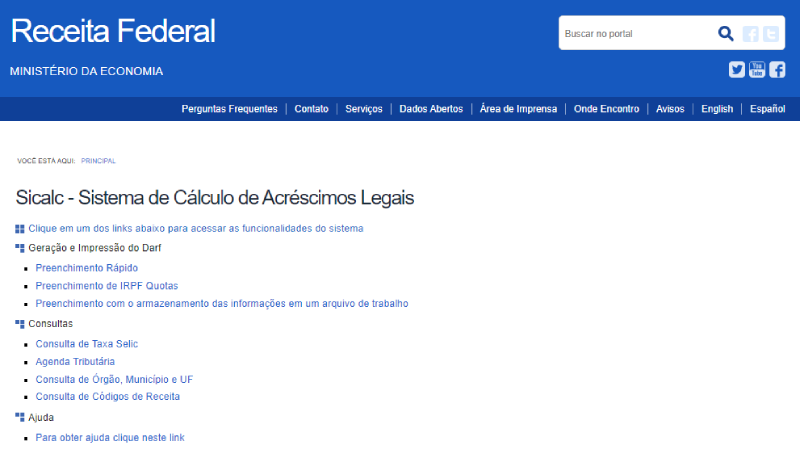 Tela de emissão de DARF no Sicalweb