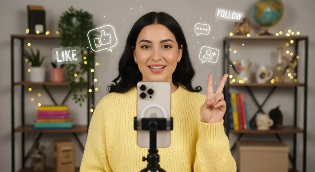 Criadora de conteúdo digital gravando vídeos para redes sociais
