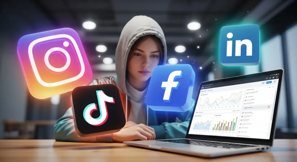 Gestor de mídias sociais trabalhando com múltiplas plataformas digitais