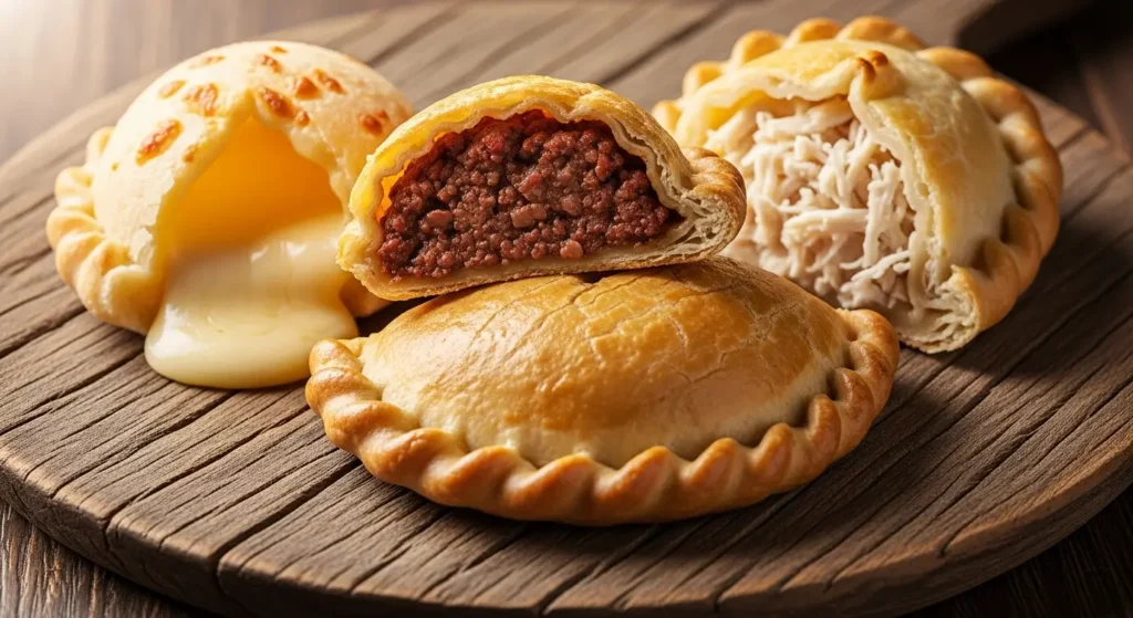 Pastel de carne, queijo e frango com catupiry servidos em prato de madeira