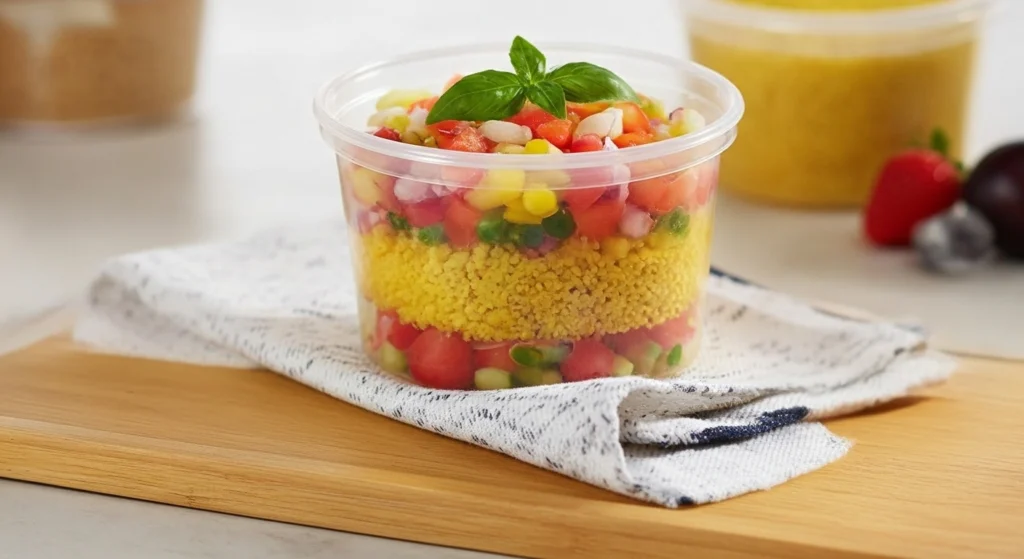 Close de um pote de cuscuz gourmet com recheios visíveis, mostrando textura e apresentação atraente