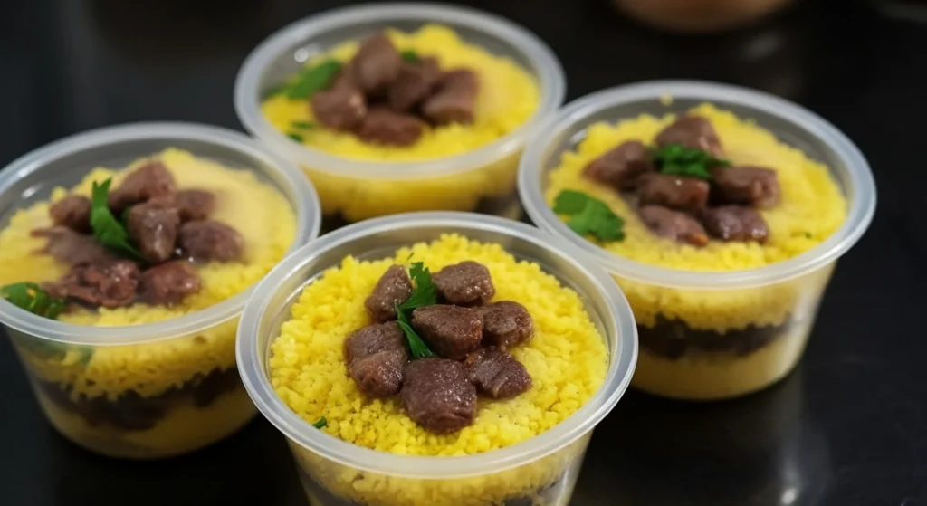 Potes de cuscuz com etiquetas de preço sobre uma mesa, representando precificação para venda