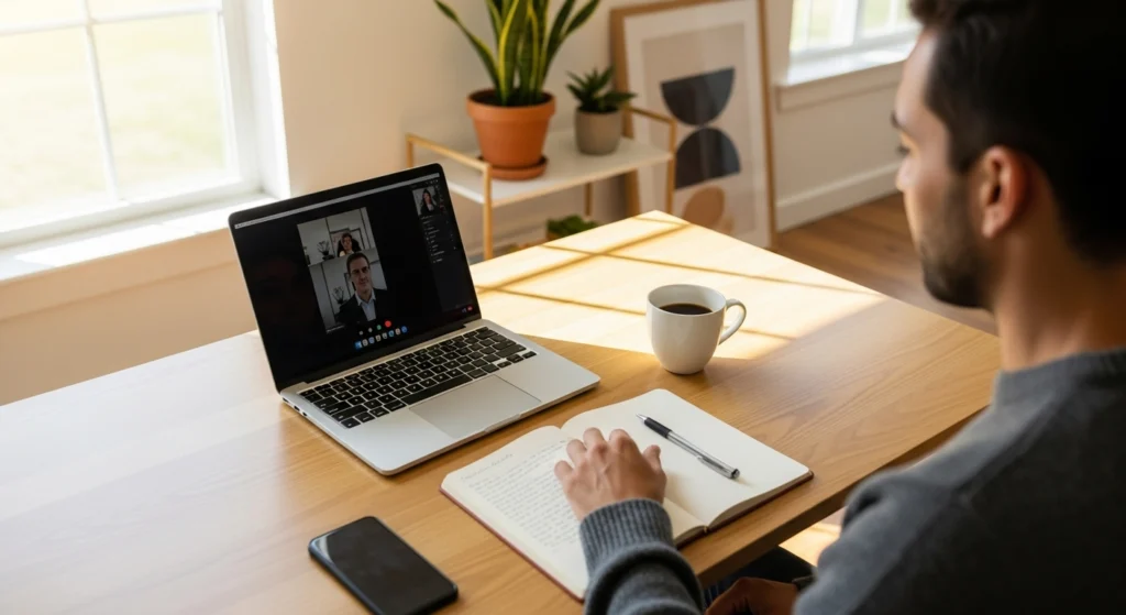Pessoa trabalhando em home office em ambiente moderno e organizado, representando oportunidades reais de trabalho remoto