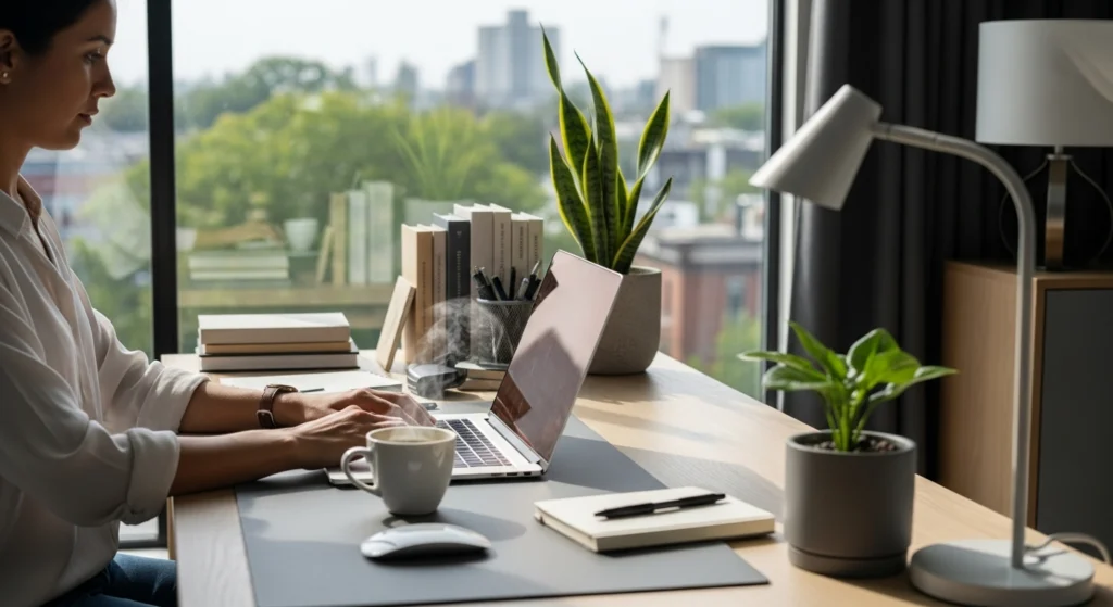 Profissional concentrado trabalhando em home office moderno com notebook e café