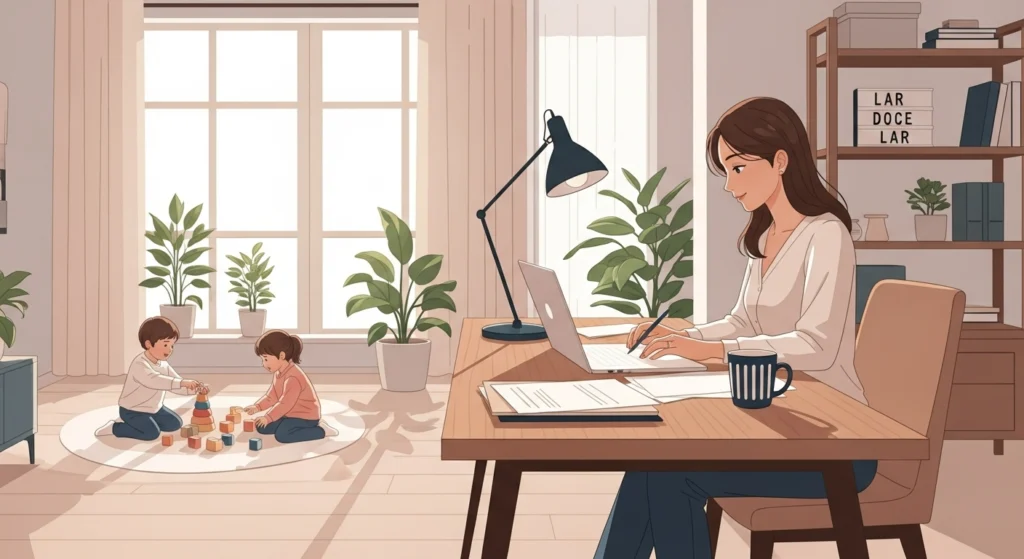 Mães trabalhando em home office com crianças em casa