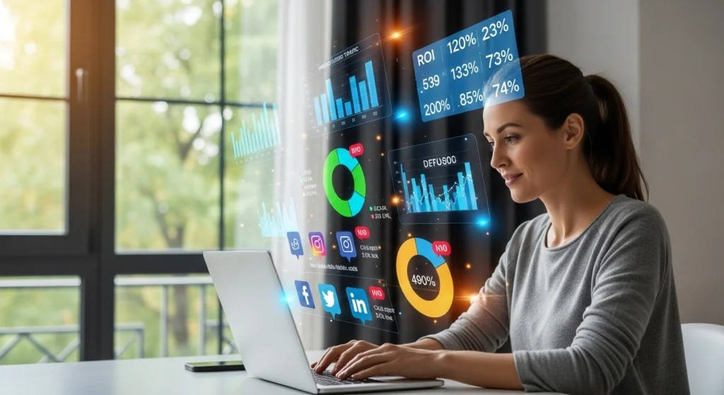 Mãe trabalhando em marketing digital no home office, analisando gráficos e redes sociais