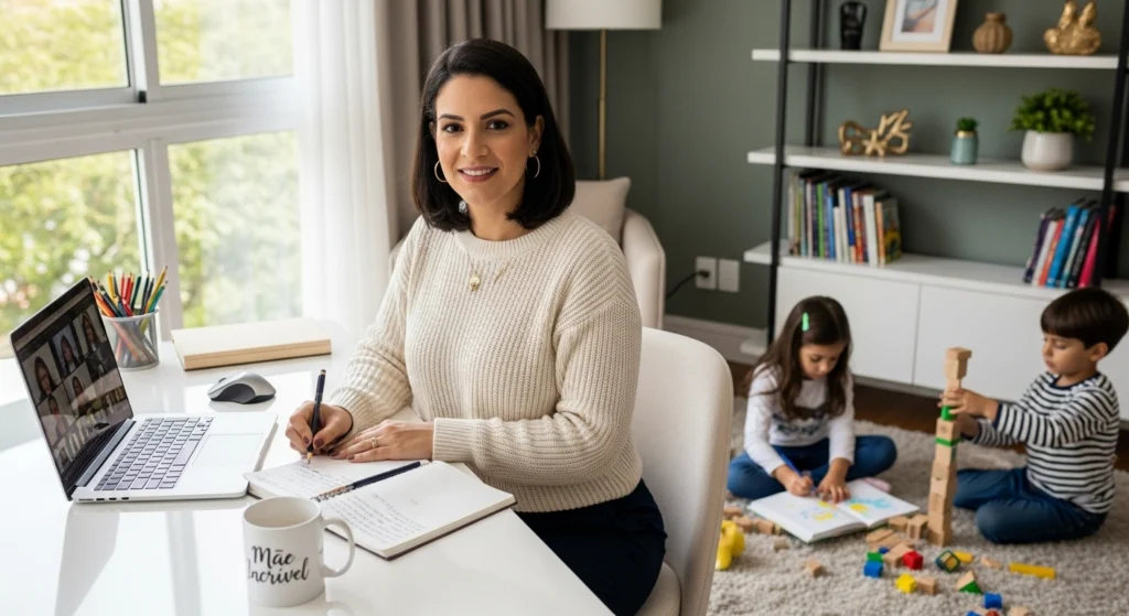 Mãe trabalhando em home office com filhos brincando ao fundo