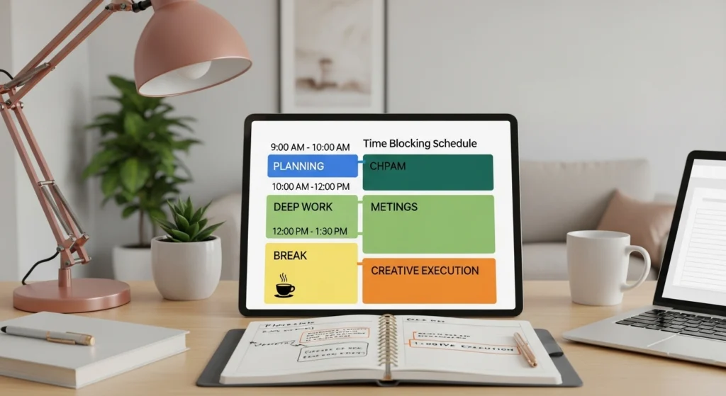 Exemplo de rotina de time blocking aplicada no home office, mostrando blocos de tempo para diferentes atividades