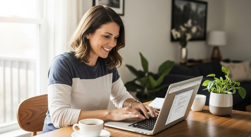 Pessoa trabalhando em casa com laptop representando trabalhos home office