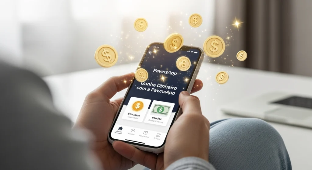 Pessoa usando o aplicativo PawnsApp no celular para ganhar renda extra em dólar