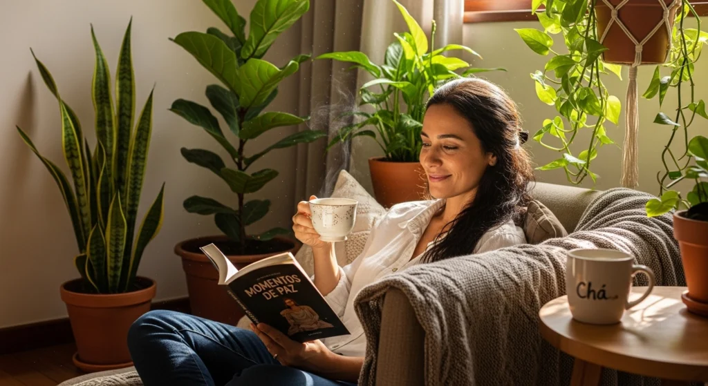Mãe em home office praticando autocuidado e cuidando da saúde mental.