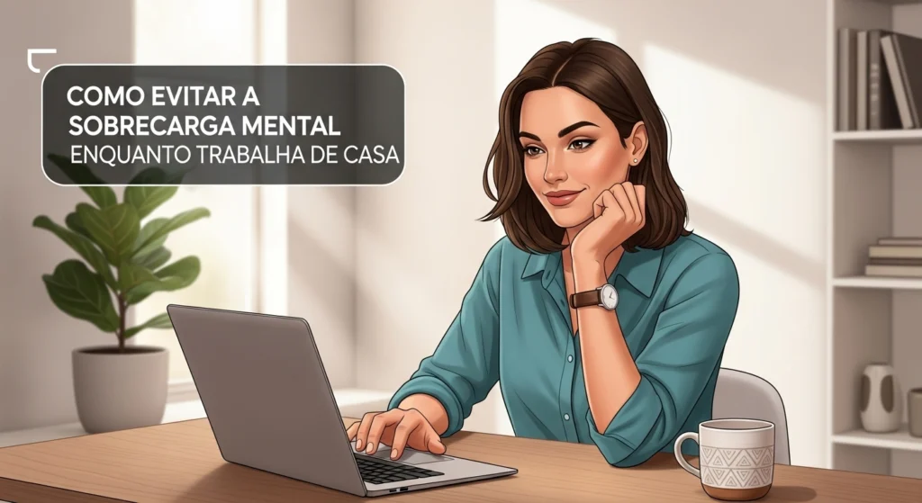 Mãe trabalhando em home office com equilíbrio emocional e produtividade.