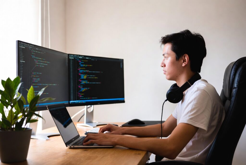 Desenvolvedor trabalhando em home office com linguagens home office TI mais valorizadas em 2025