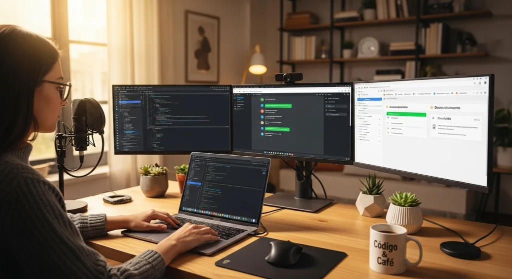 programador remoto trabalhando em casa com notebook e código na tela