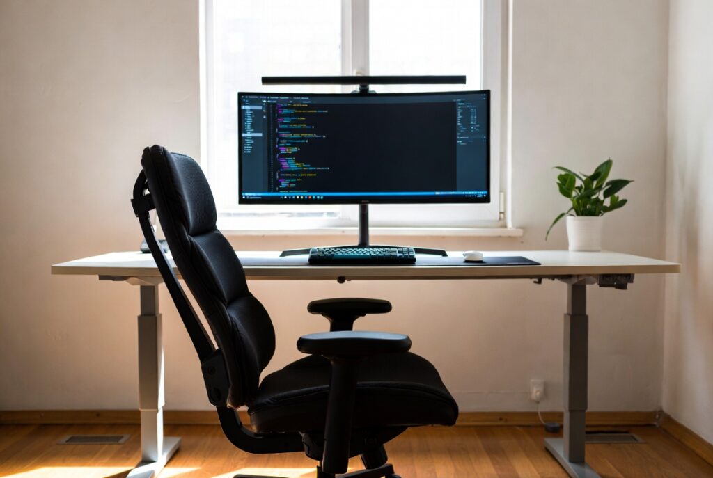setup programador home office completo com ergonomia e monitor ultrawide