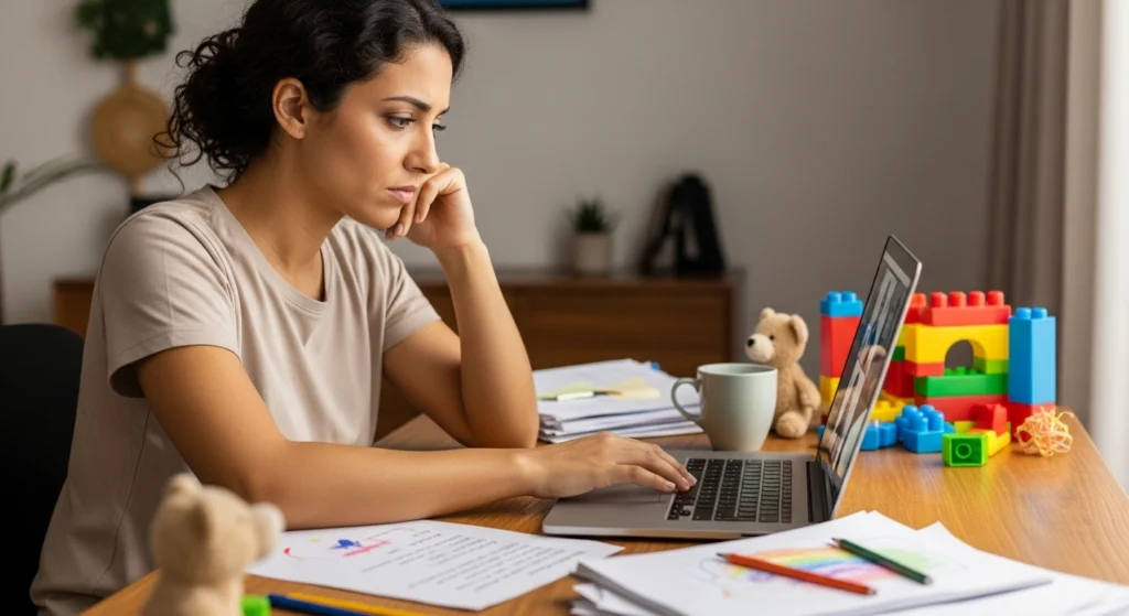 Mãe trabalhando em home office enfrentando sobrecarga mental e buscando equilíbrio emocional.