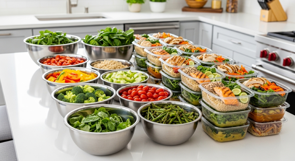 Cozinha limpa e moderna organizada para produção de marmitas com recipientes empilhados e ingredientes frescos.